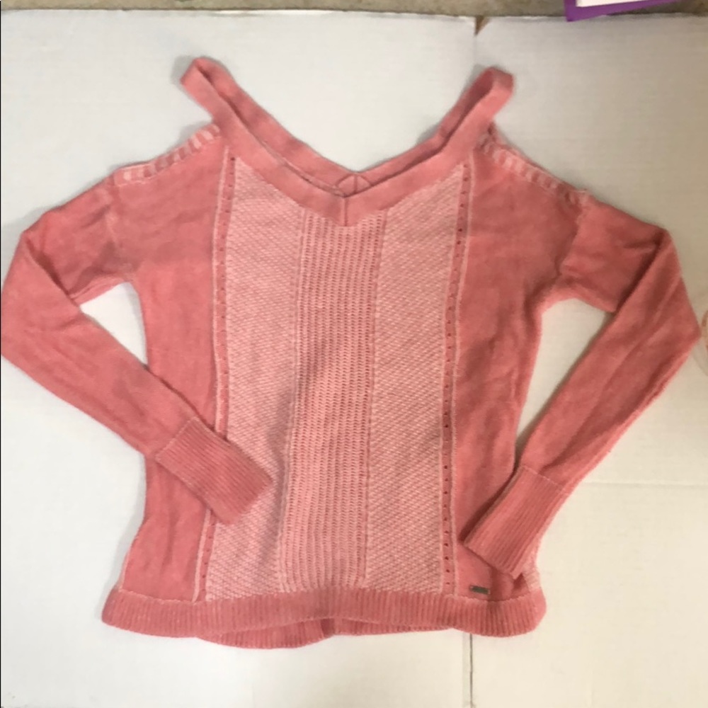 Coral Off the Shoulder Tight Knit Sweater